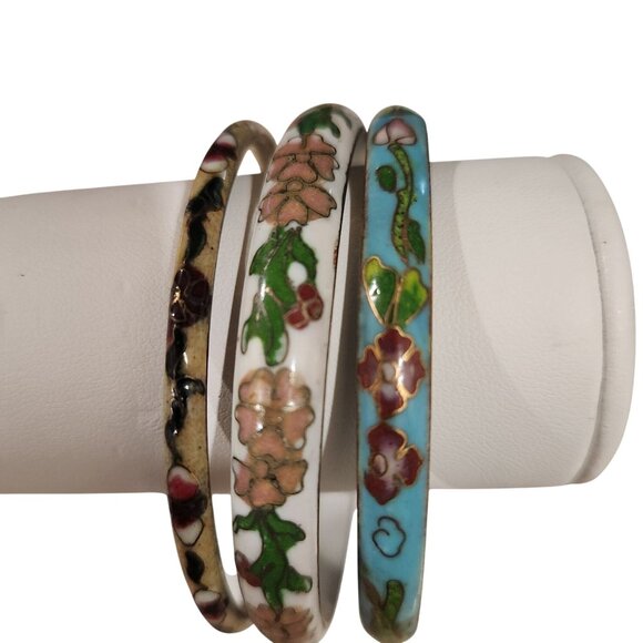 Vintage Cloisonné Enamel Floral Bangle Bracelets Set Of 3 - Picture 2 of 4